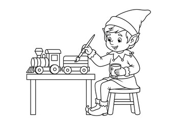 Christmas elf painting wooden toy train at workshop table