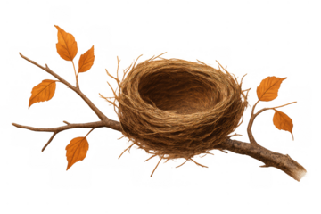 Empty bird's nest on a branch with autumn leaves, symbolizing concepts of home, loss, and new beginnings