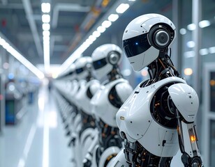 Fototapeta premium たくさんの人型ロボットが工場で並んでいるところ