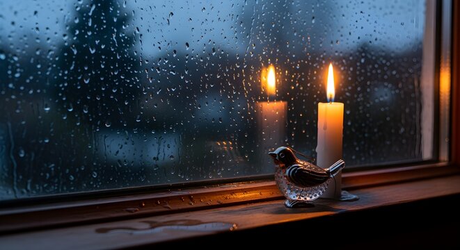A warm candle and glass bird sit on a windowsill as raindrops stream down the windowpane, creating a cozy atmosphere - Powered by Adobe