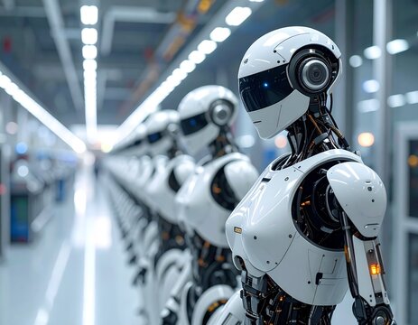 たくさんの人型ロボットが工場で並んでいるところ