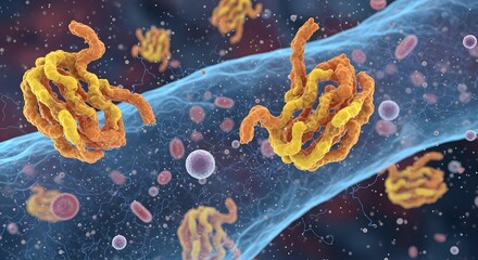 Detailed digital illustration of bacteria and microorganisms interacting within a microscopic environment, showcasing complex structures and cellular activity