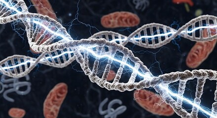Close-up of a double helix DNA strand with glowing lightning effects and surrounding mitochondria in a dark biological environment