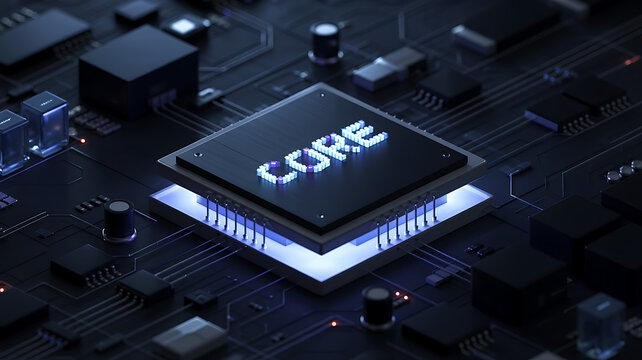 Closeup of an electronic circuit board with a processor chip for digital computer technology equipment