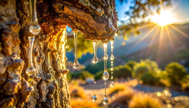 Golden Tears of Nature - Resin Drops on Tree Bark at Sunset.