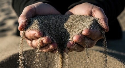 Close-up of a person's hands cupped together, releasing sand onto a sandy surface with a shallow depth of field and warm lighting.