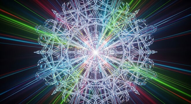 Intricate geometric snowflake pattern with radiating lines of light in rainbow colors, creating a mesmerizing and complex symmetrical design