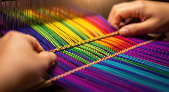 Close-up of hands weaving colorful threads on a loom with a shallow depth of field and warm tones in a craft workshop.