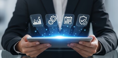 Professional uses modern tablet for business strategy, insights, scheduling, security