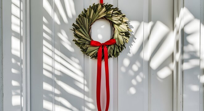A rustic wreath made from dried palm leaves and a vibrant red bow hangs on a white door adorned with dappled sunlight and leaf shadows