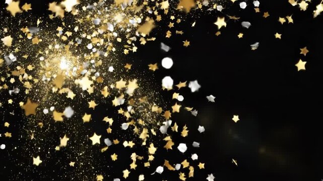 Golden and silver confetti stars exploding and sparkling against a dark background