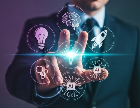 Innovate with AI Technology: Businessman touches digital startup icons for success