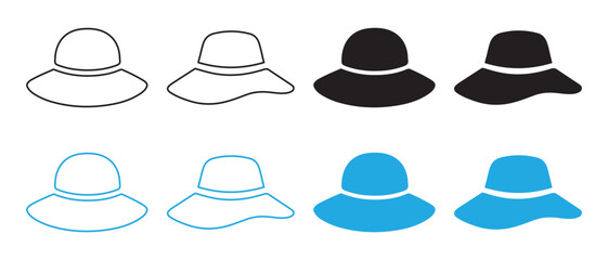Wide-Brimmed Hat Icon Set. Black and Blue Silhouettes with Outline and Fill Variations for Fashion, Accessories, and UI Design.