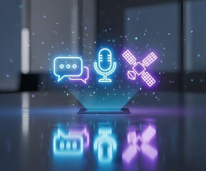 Engaging communication technology icons glowing neon style for modern business solutions