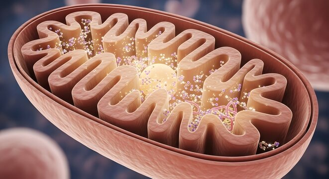 A detailed illustration of a mitochondrion with the word 'powerhouse' integrated into its structure, highlighting its role in energy production within cells