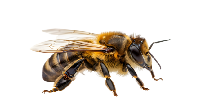 Detailed macro photograph of a honey bee isolated on transparent background