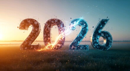 Exciting 2026 new year concept with vibrant energy effect, futuristic design for fresh start promotions