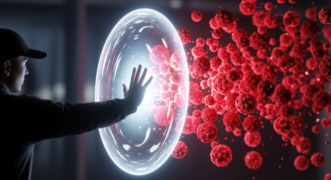 Man s hand touches glowing energy shield protecting against swarm of red virus cells