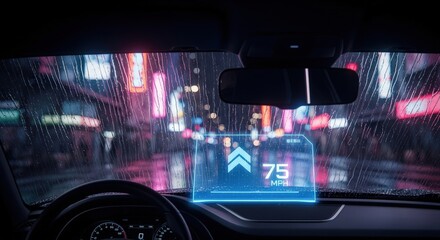 Futuristic holographic heads up display showing speed and navigation in a car at night