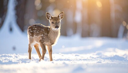 Fototapeta premium 雪の森に佇む小鹿、冬の光と静寂 
