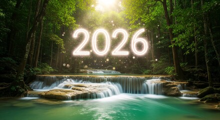 Envision a bright 2026 amidst a lush forest waterfall for inspirational New Year designs and nature themed content