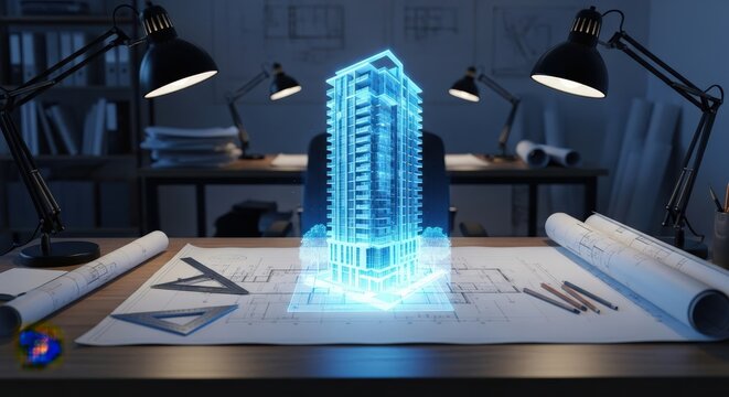 Futuristic architectural model of a glowing skyscraper on blueprints with drafting tools