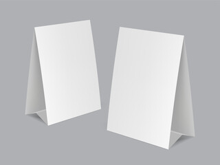 Table tent template. White blank paper countertop pop banner stand. Realistic mockup. Desktop promotional graphic display card vector mock-up Stand Up Clear Card Mockup On Table. EPS10 Vector
