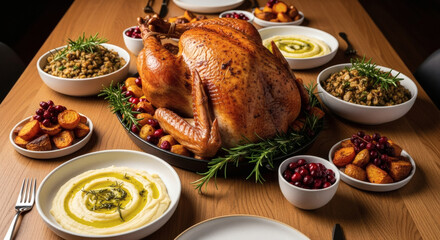 Grand Table Setting View of a Golden Roasted Turkey Centerpiece Surrounded by Numerous Side Dishes, including Mashed Potatoes, Roasted Vegetables, and Cranberries, Ready for a Large Thanksgiving