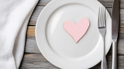 A charming pink heart gently rests on a pristine white plate, complemented by gleaming silverware. A soft, white napkin adds a touch of elegance on a rustic wooden table.