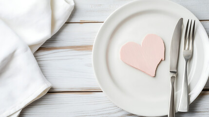Elegant place setting featuring a delicate pink heart on a white plate, accompanied by silverware and a soft white napkin, all against a rustic white wooden background.