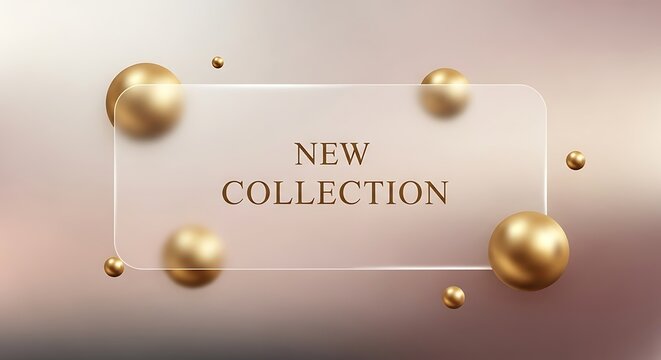 A frosted glass rectangle with the text new collection surrounded by floating golden spheres and beads