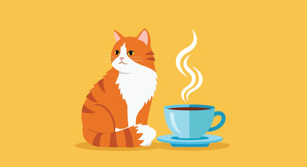 Illustration of cute orange cat sitting beside a steaming coffee cup on yellow background