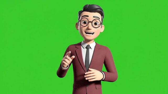 Animated 3D Businessman Character Talking on Green Screen Background.