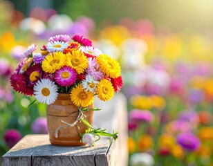 A vibrant bouquet of colorful flowers in a rustic pot outdoors
