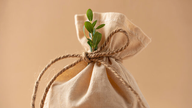 A small beige fabric bag tied with a rope holds a green sprouting plant inside. The light beige background enhances the natural elements and creates a calming vibe