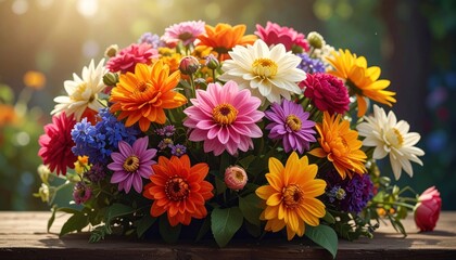 A vibrant, colorful arrangement of varied blossoms, sunlight cast