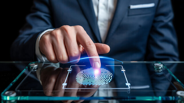 Businessman hand touching virtual screen on a computer in the office