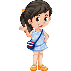 Illustration of a Young Girl Wearing a Light Blue Dress and Carrying a Small Bag with Thai Flag Colors Standing and Smiling with One Hand Outstretched