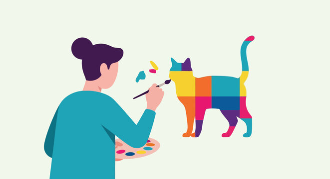 Illustration of artist painting colorful pixelated cat with brush and palette in creative illustration
