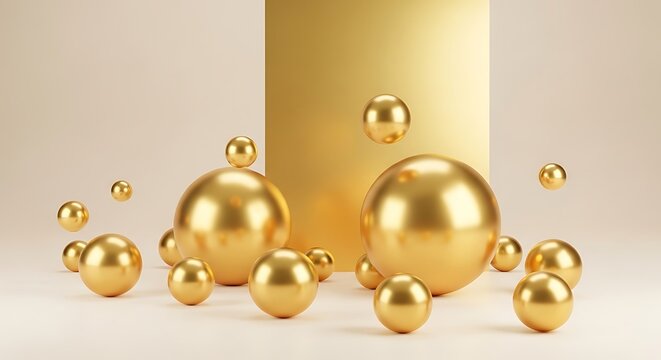 Abstract composition of golden spheres and a tall rectangular prism against a neutral background, creating a luxurious and minimalist aesthetic