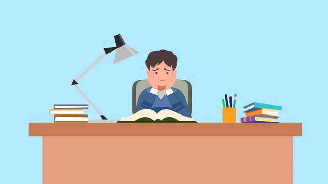 Student feeling bored doing homework on the desk