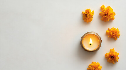 A lit candle in a decorative holder radiates warmth, surrounded by scattered vibrant orange flowers against a light background, embodying peace and celebration.