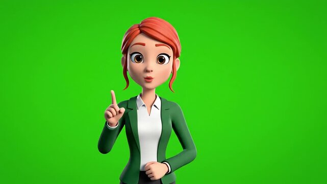 Animated 3D Businesswoman Character Pointing and Presenting on a Green Screen Background.