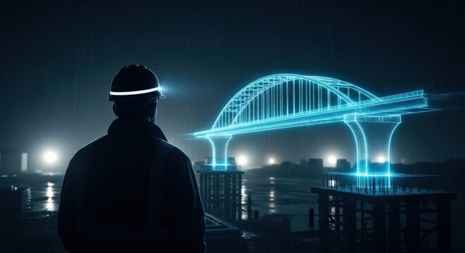Engineer wearing hard hat observes futuristic glowing blue bridge construction at night - Powered by Adobe
