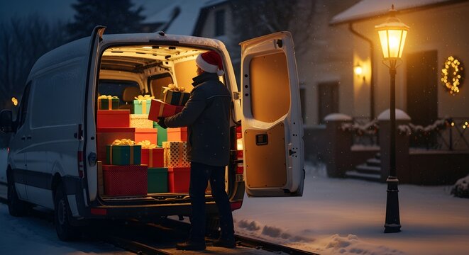 A delivery person wearing a Santa hat unloads numerous Christmas gifts from a van on a snowy winter night, illuminated by a street lamp - Powered by Adobe