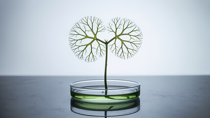 Delicate branching plant grows from petri dish with vibrant green liquid science