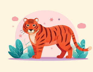 Orange Tiger Illustration with Tropical Leaves and Stars for Wildlife Designs