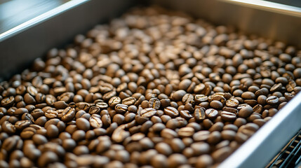 Obraz premium Aromatic perfection in every bean! Freshly roasted coffee beans in a metallic container, ready to be grounded and brewed into a delicious cup of coffee.