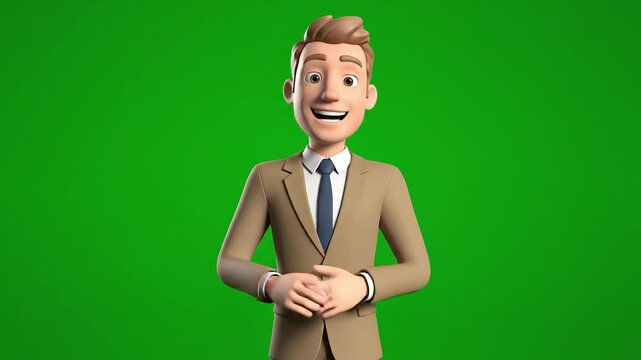 Animated Businessman Character Speaking on Green Screen Background.