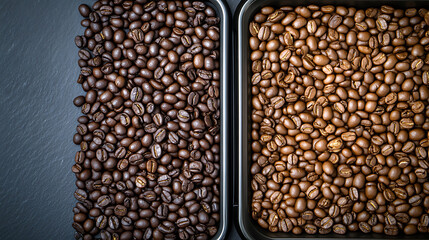 Two trays filled with coffee beans of different roasts, dark and light, present a visual comparison. Perfect for coffee lovers and roasting enthusiasts to discover.